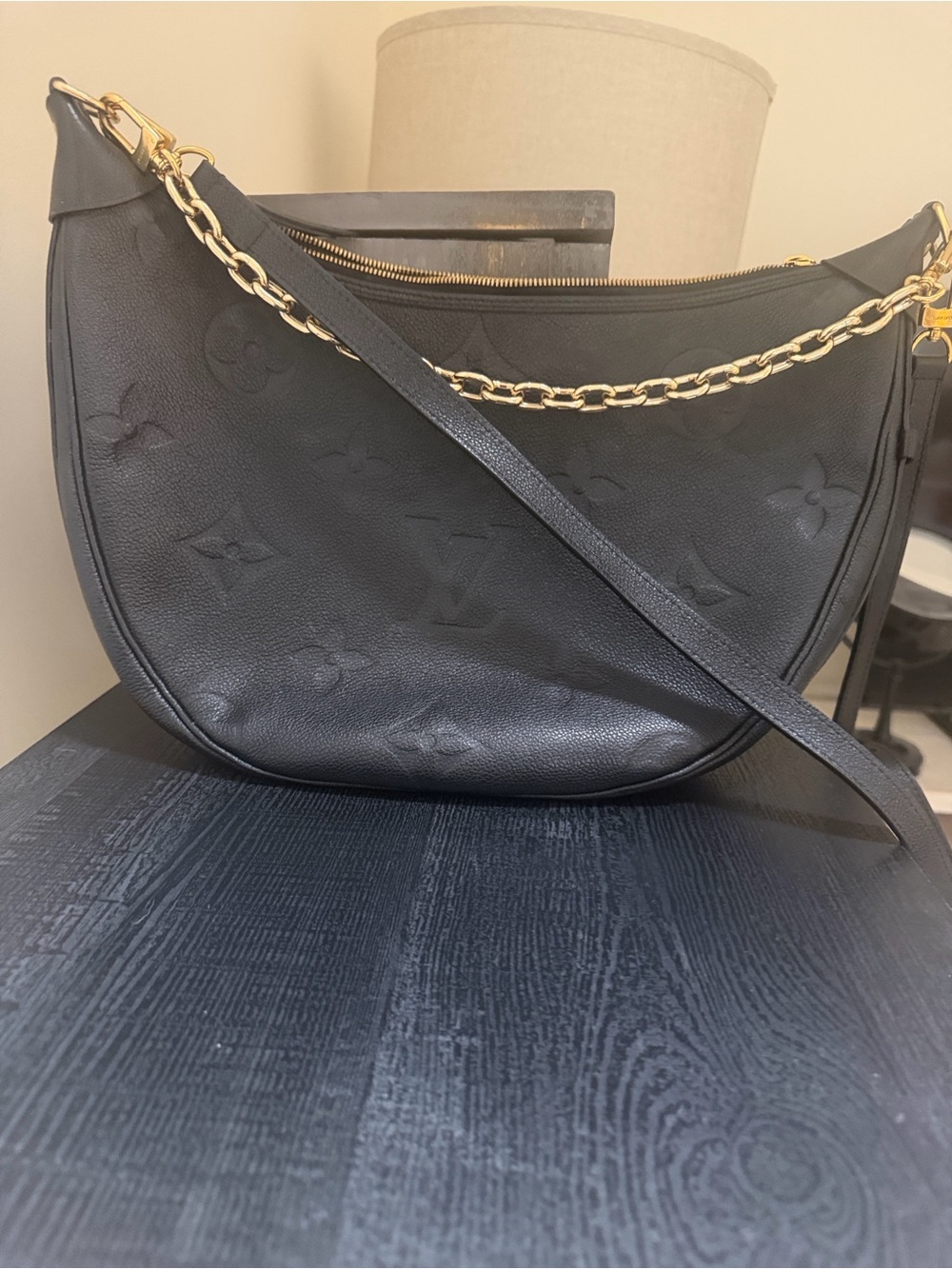 Louis Vuitton Black Embossed Leather Hobo Shoulder Bag with Gold Chain